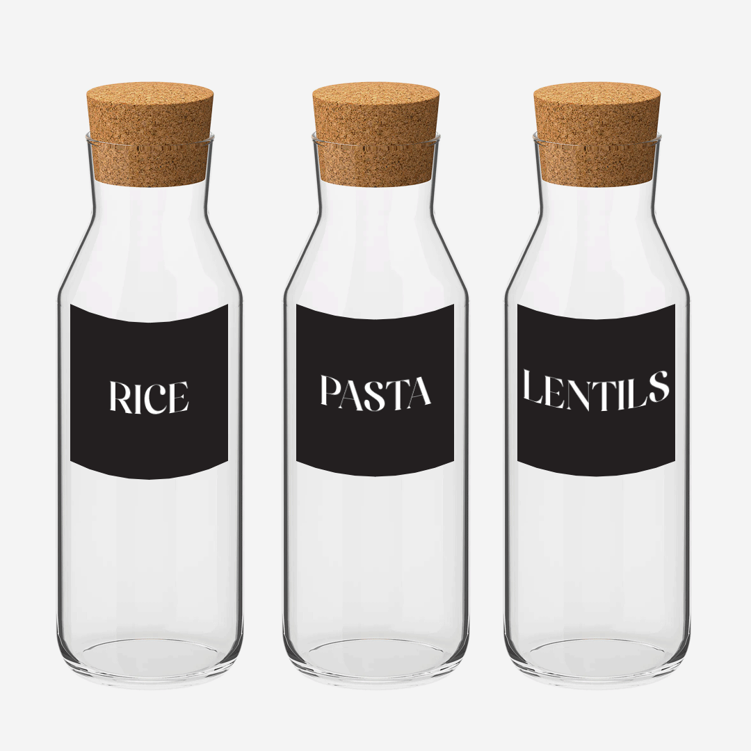 Glass Storage Jars with Cork Stopper, Black Label, Set of 3