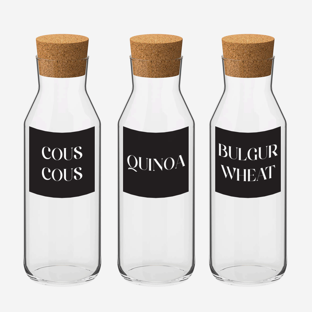 Glass Storage Jars with Cork Stopper, Black Label, Set of 3