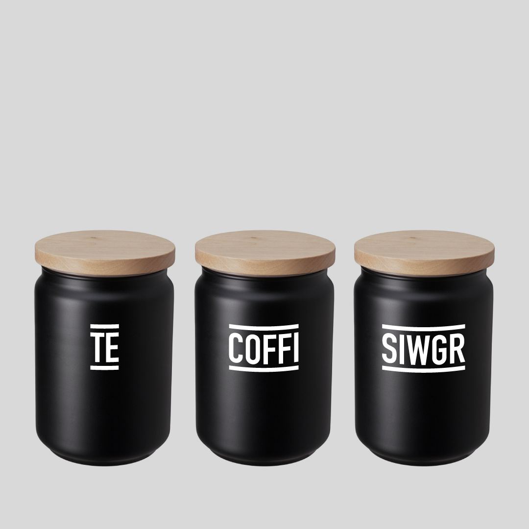 'Te', 'Coffi', 'Siwgr' Storage Jars, Black, Set of 3