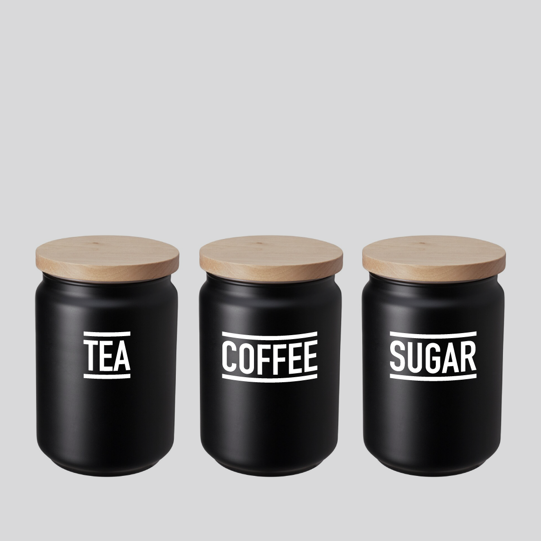 'Tea', 'Coffee', 'Sugar' Storage Jars, Black, Set of 3