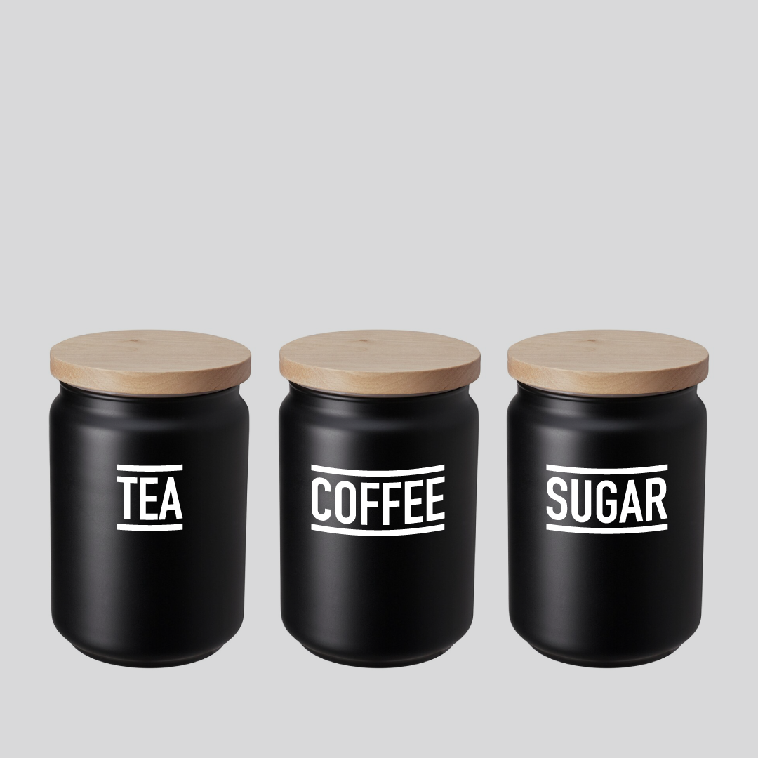 'Tea', 'Coffee', 'Sugar' Storage Jars, Black, Set of